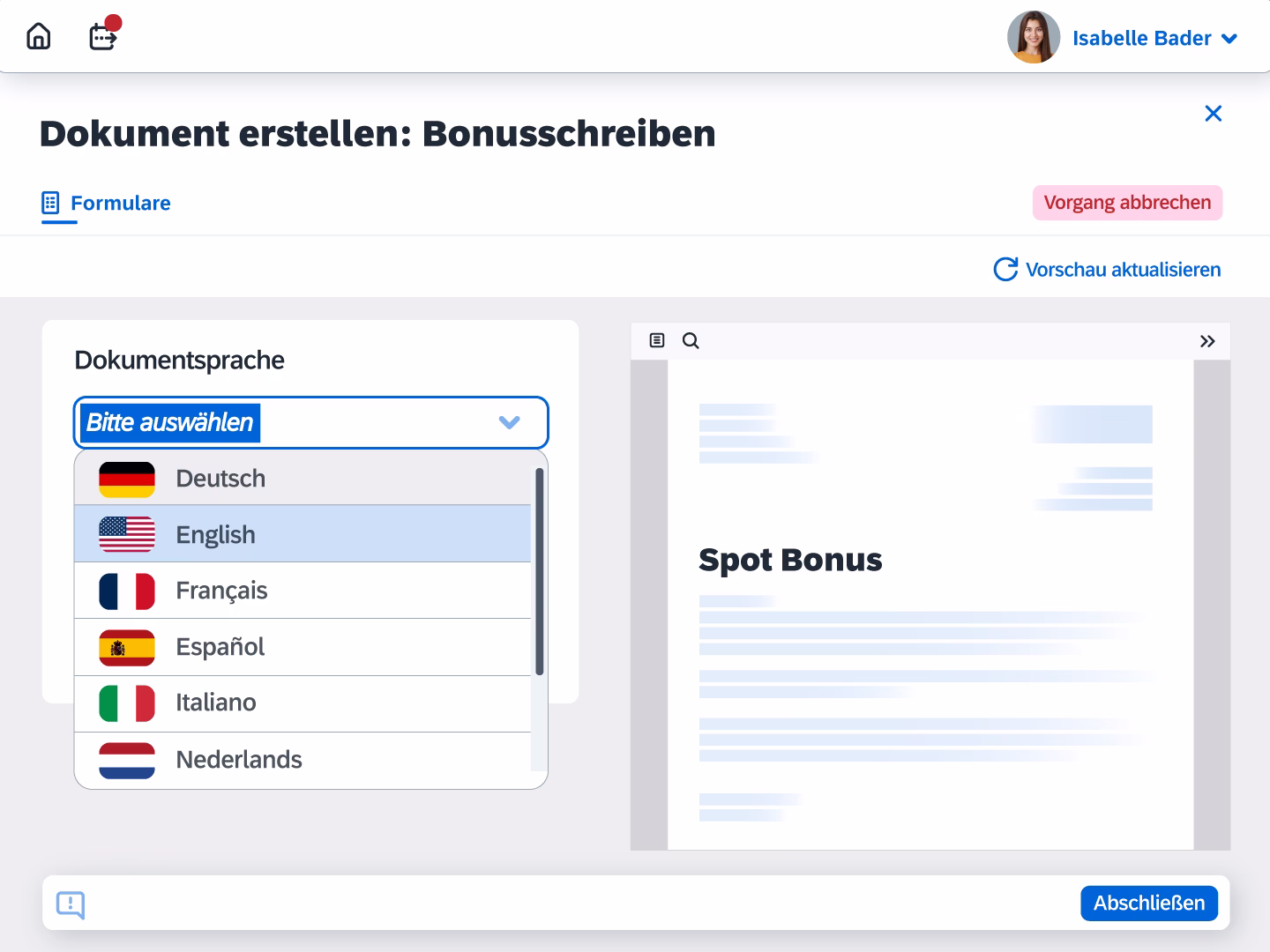 Dokumentenerzeugung - Sprachauswahl